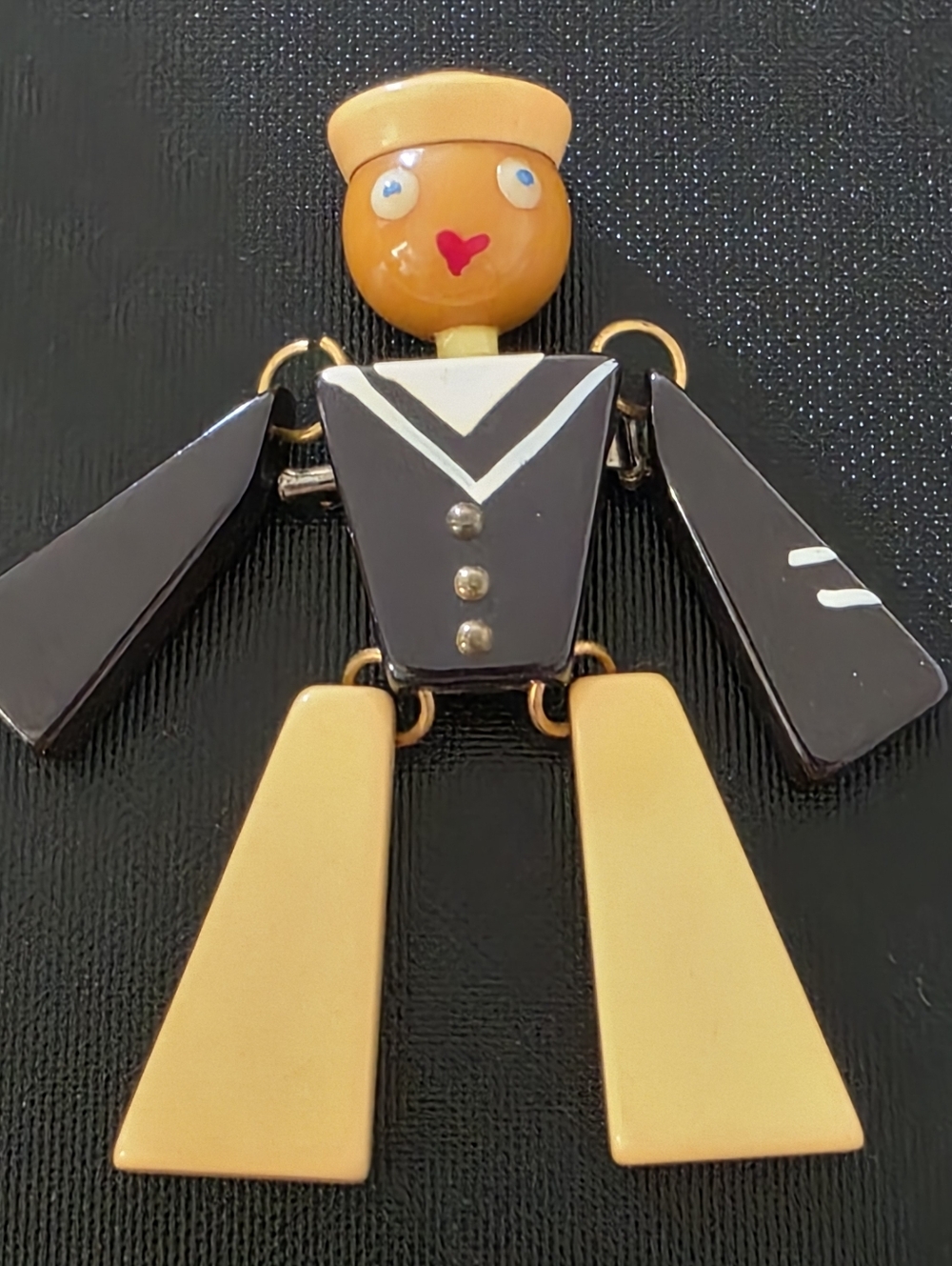 VTG BOOK PIECE WWII Bakelite Sweetheart Navy Sailor Jointed Brooch Deco Era 3.25
